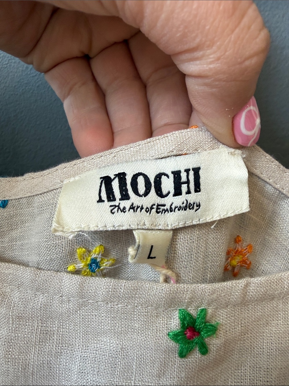 Beige Linen Embroidered Maxi Dress with Rainbow Trim - Picture 2 of 5